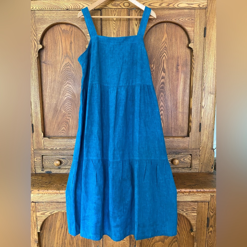Eileen Fisher L linen delave tiered midi maxi dress teal deep sea turquoise blue